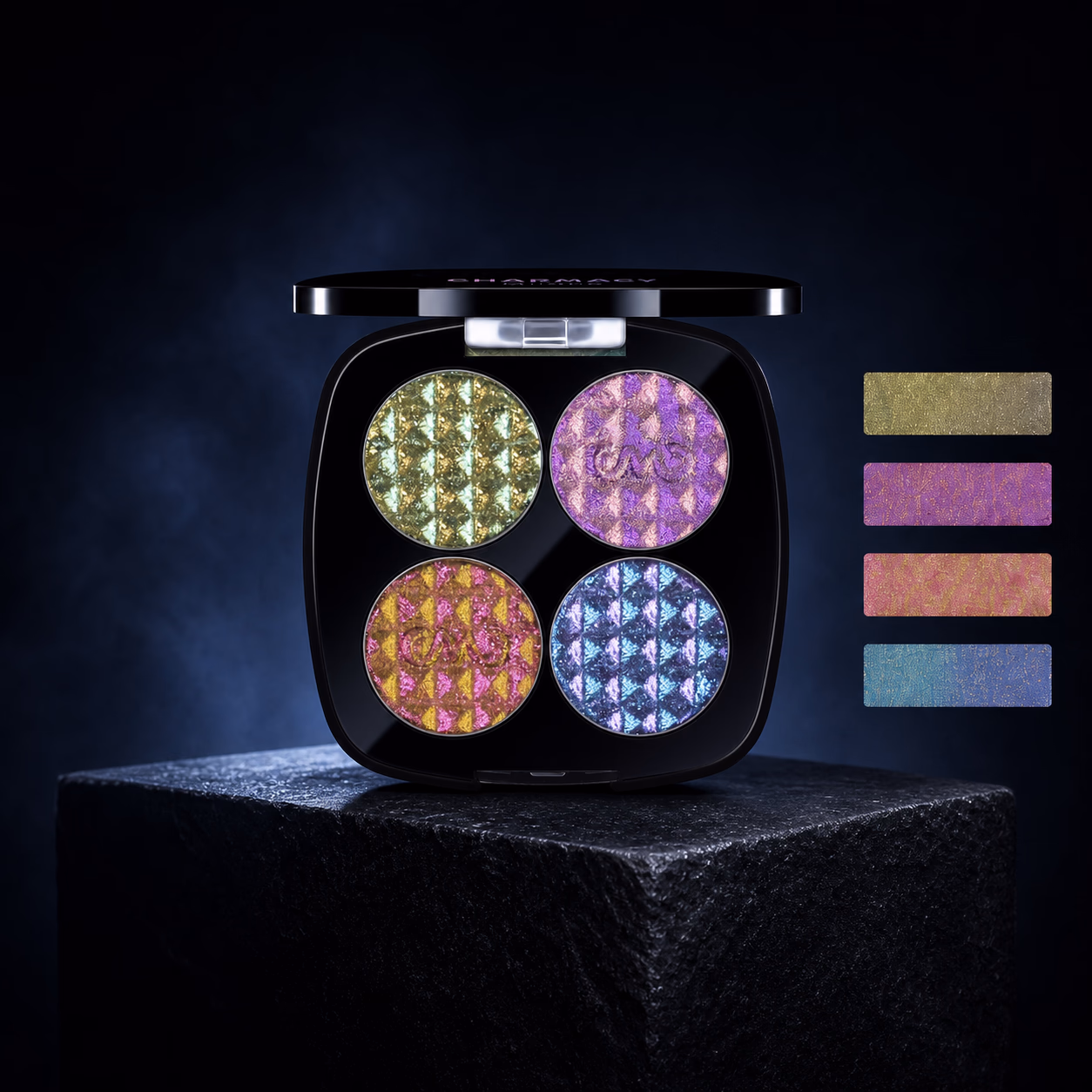 Charmacy 4 Colors Chameleon Eyeshadow on a black stone pedestal with four pigment swatches