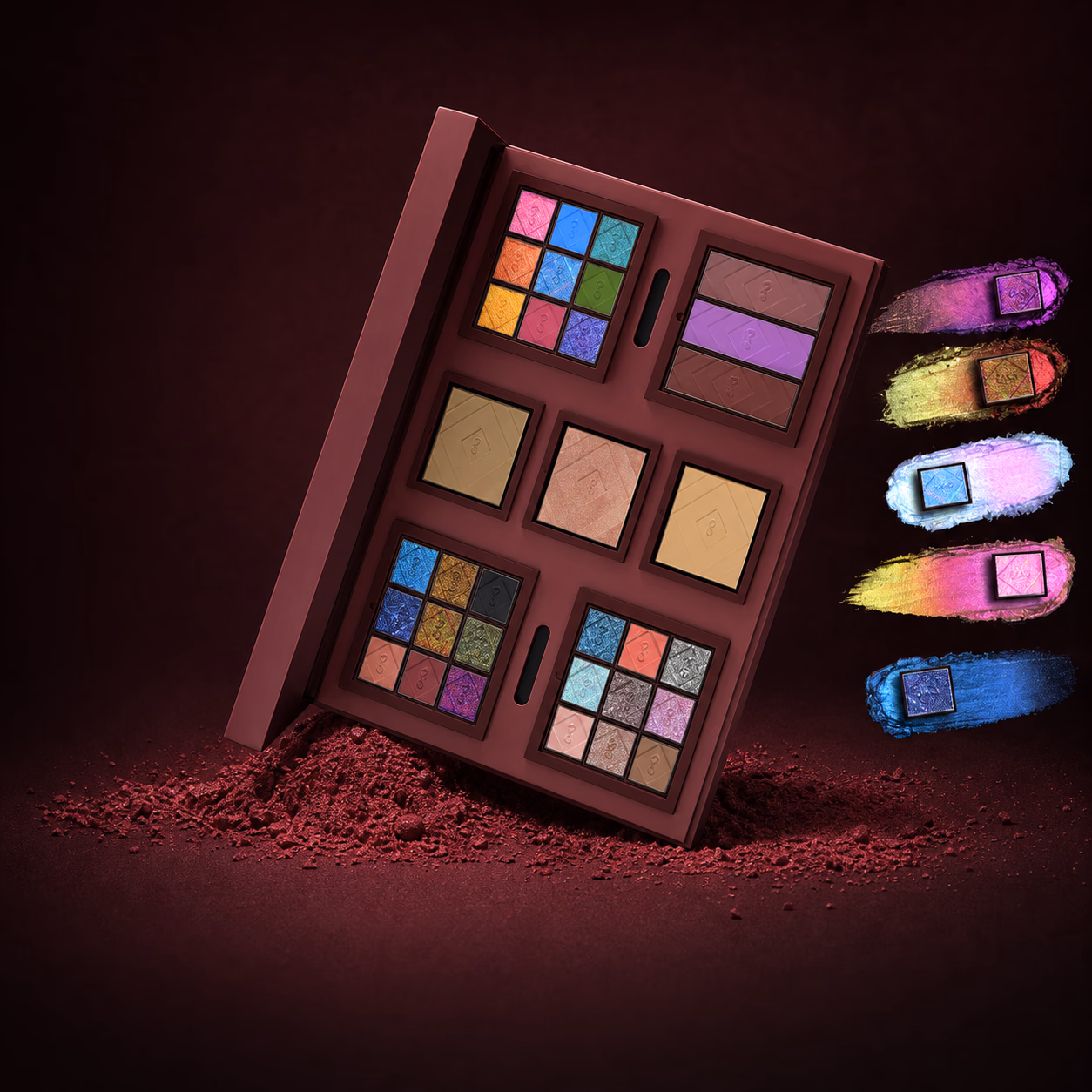 Charmacy Palette Pro in a burgundy campaign scene with multichrome pigment swatches