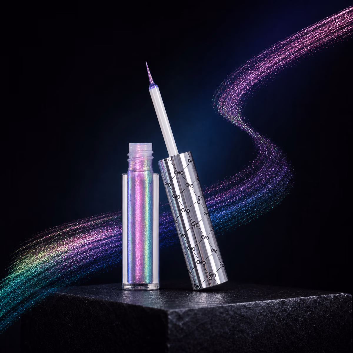 Charmacy Multichrome Liquid Eyeliner in a dark prismatic studio scene