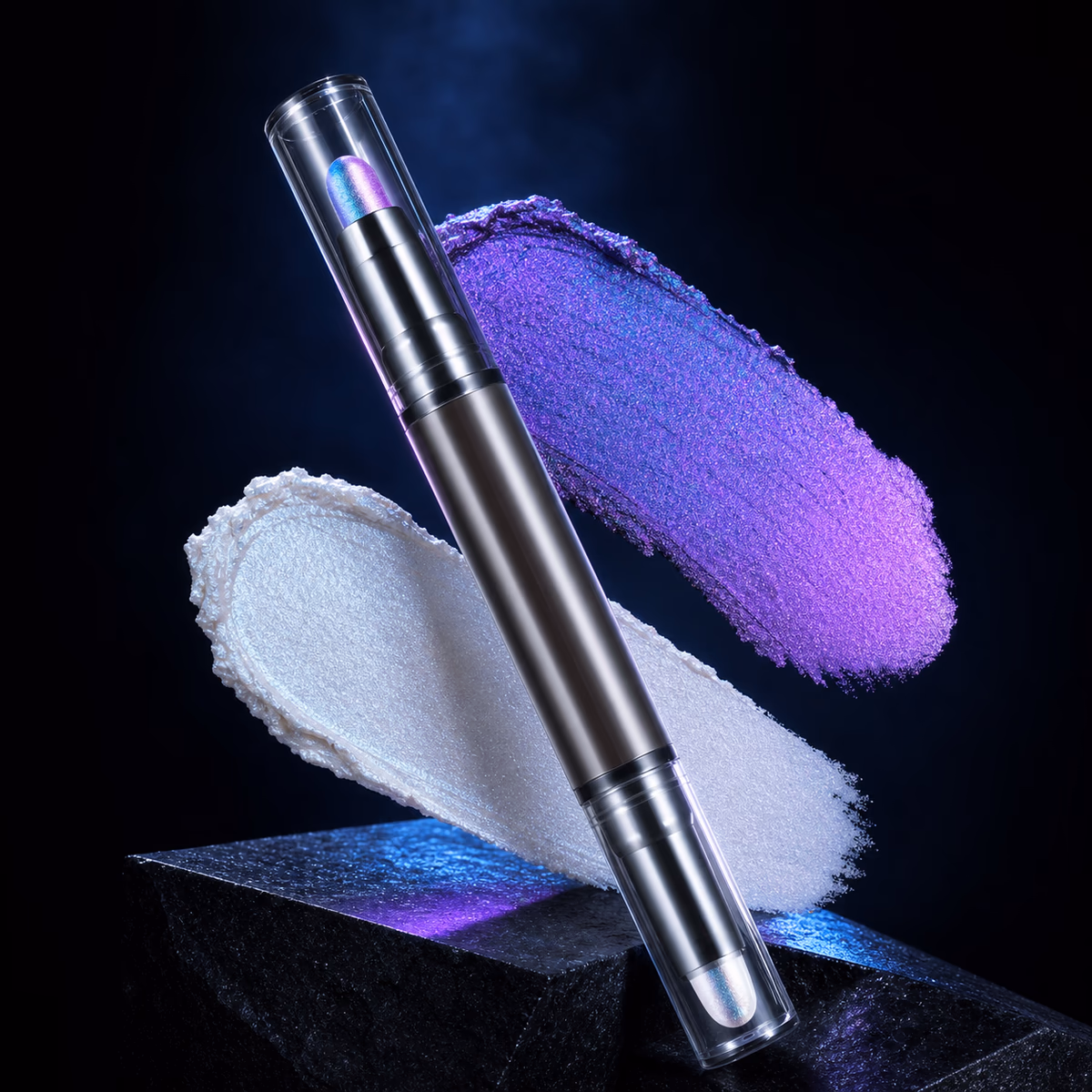 Charmacy dual-ended eyeshadow stick with blue-violet and pearl cream swatches