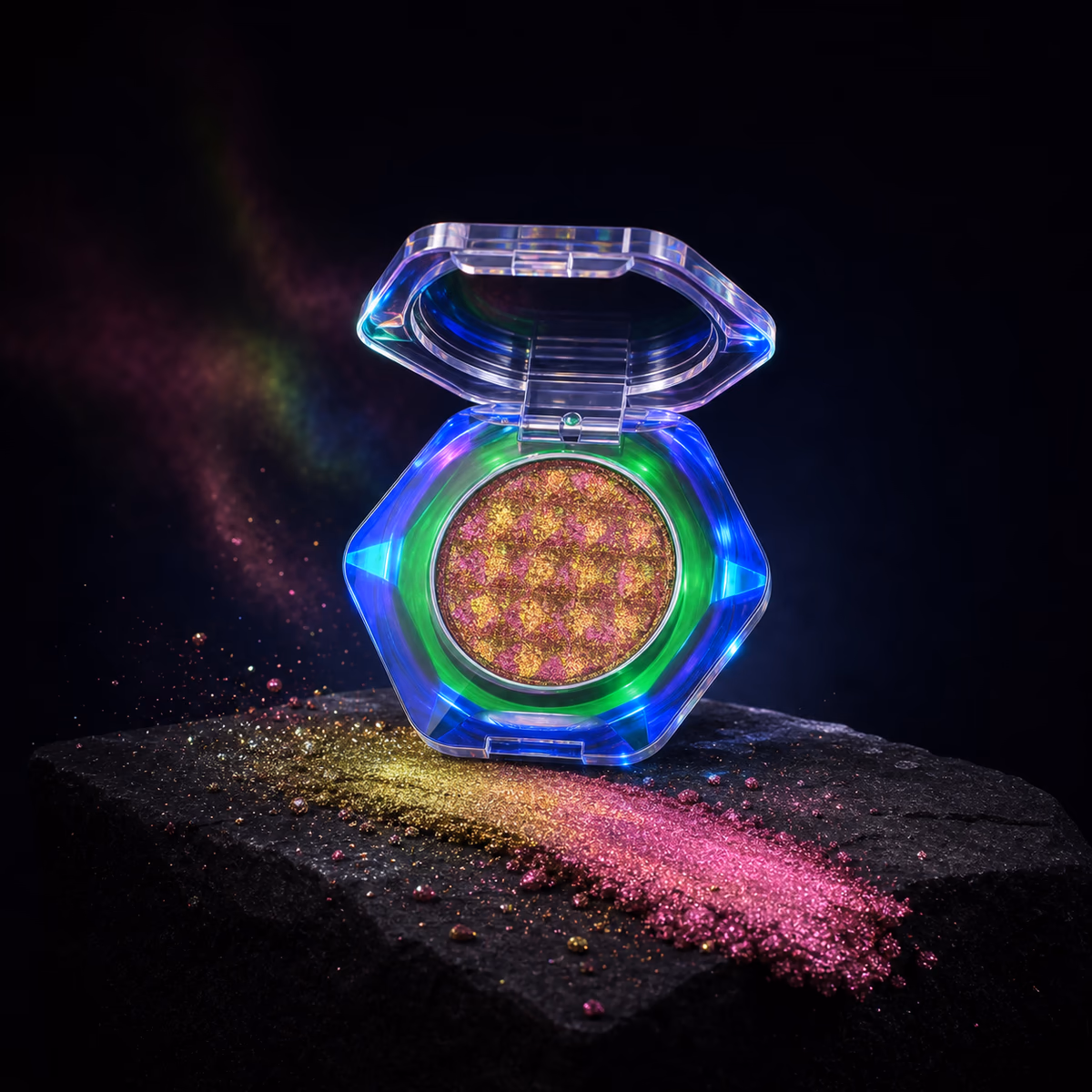 Charmacy Multichrome Glitter Eyeshadow compact on a black stone pedestal